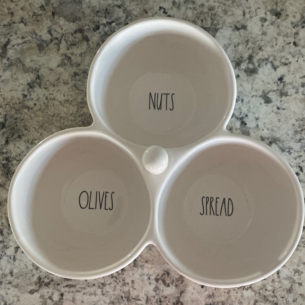 Rae Dunn - Olives, Nuts, Spread - 3 section dish